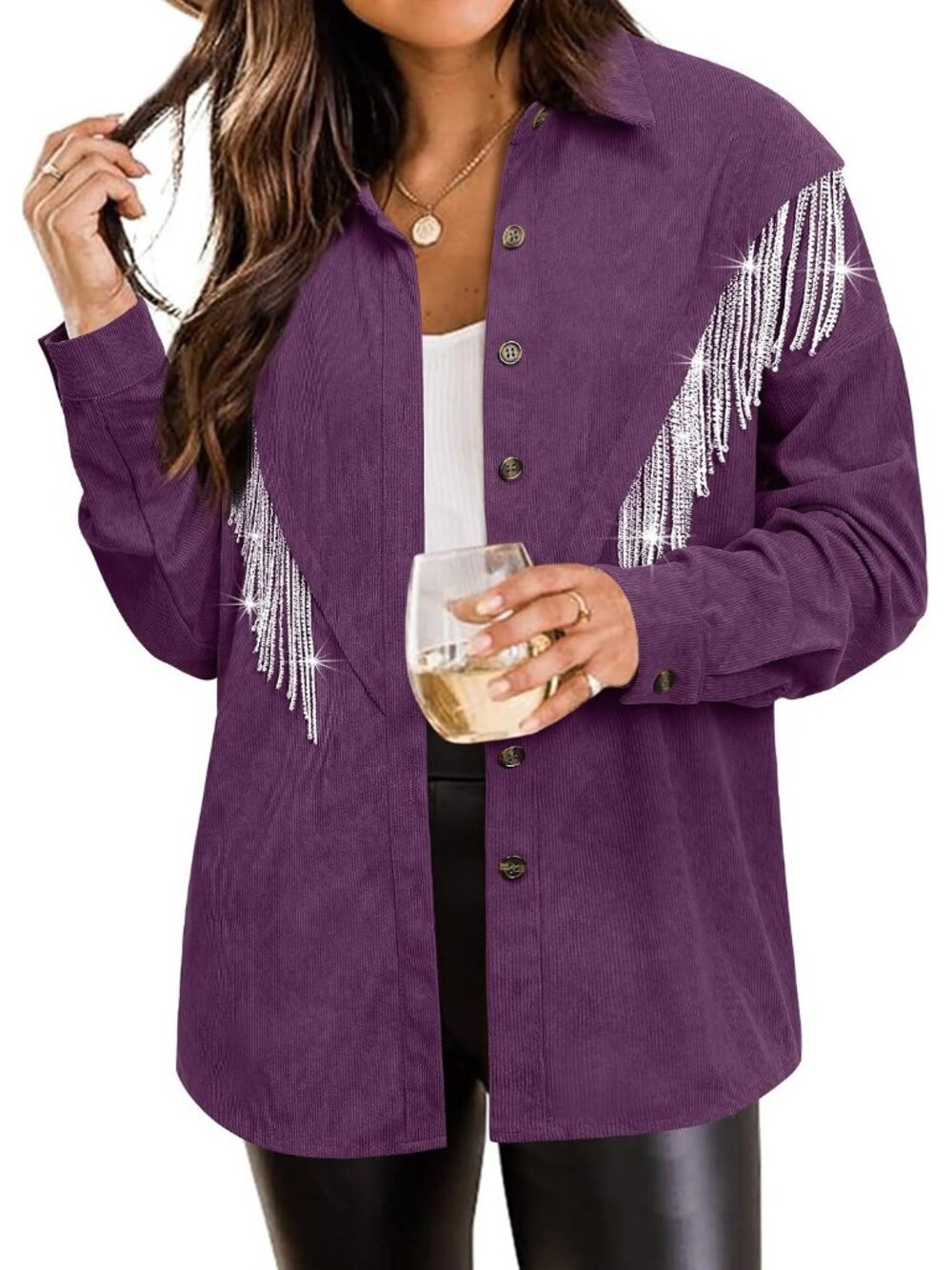 Women's Purple Corduroy Nashville Sparkly Rhinestone Fringe Long Sleeves Jacket